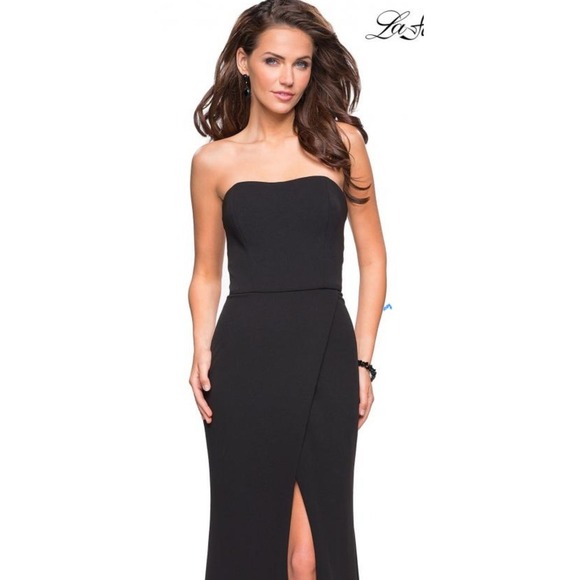 La Femme Strapless Gown Formal Dress Slit Back Detail Black‎ Size 12 - Picture 5 of 16